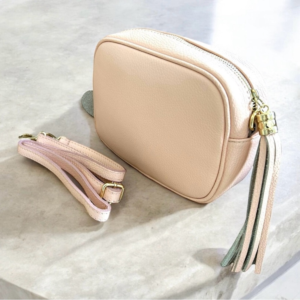 Genuine leather camera bag crossbody with tassel - light pink - NWT